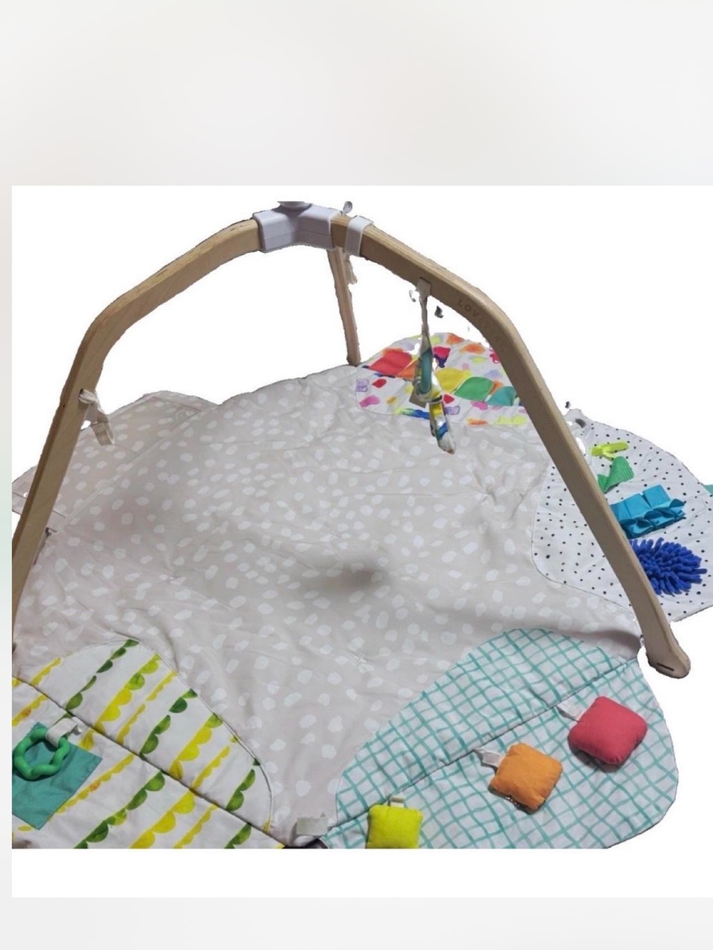 Wooden Arch Baby Play Gym with Neutral Dot Mat and Colorful Activity Toys